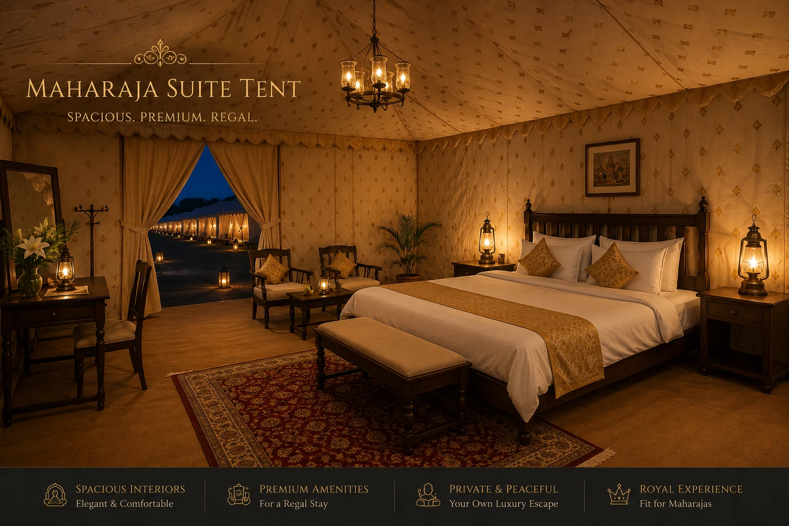 Luxury Swiss tent interior with chandelier and brass accents
