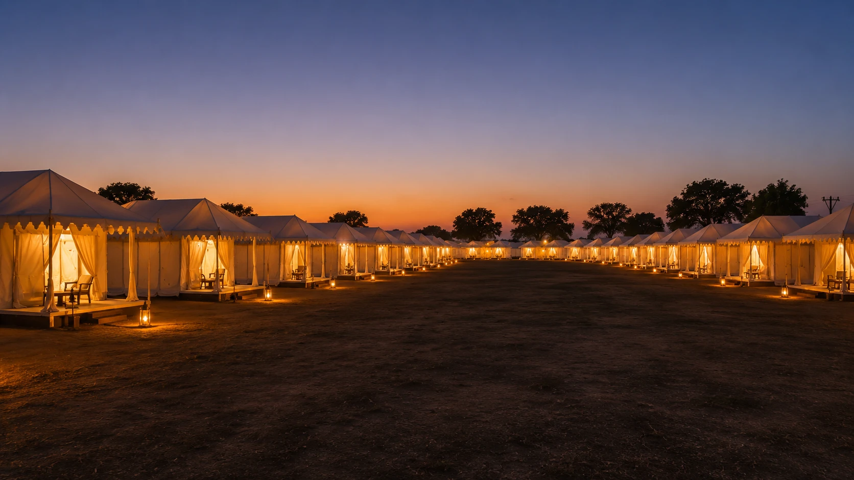 Royal Swiss tent city at twilight in the Thar Desert