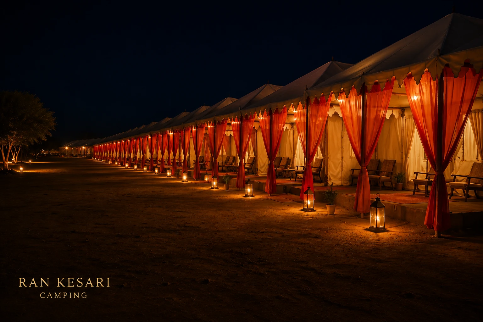 Luxury camp lit at night under desert stars